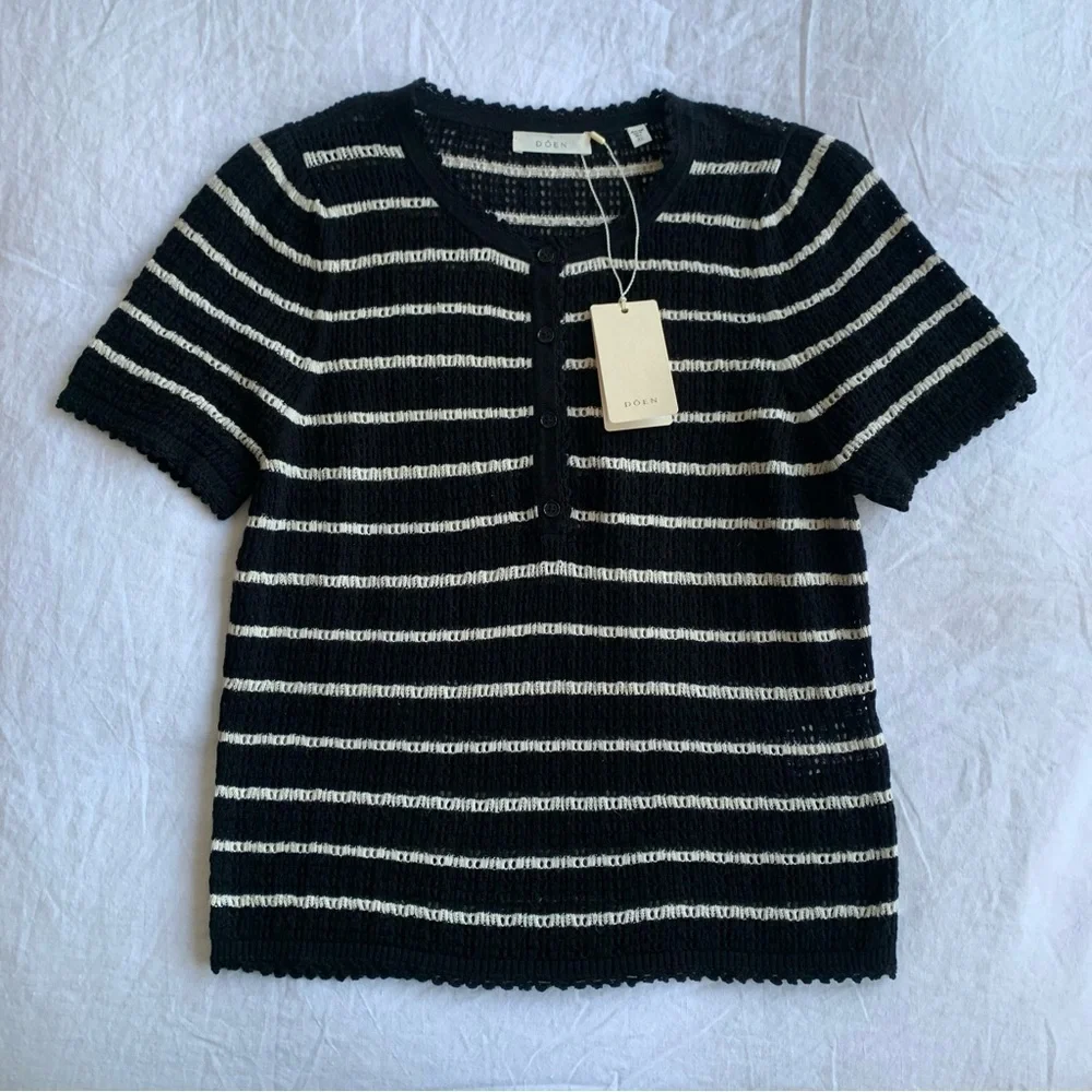 NWT Doen Brandie Cotton Silk Short Sleeve Puff Sweater Top Noir Allaire Stripe